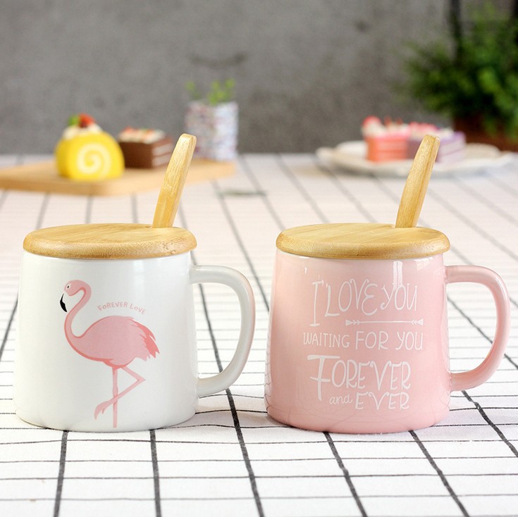 

11OZ 330ml Pink White Flamingo Coffee Mug with Wooden Lid and Spoon Funny Pun Mug Birthday Gift 2pcs DEC298, Multi-color