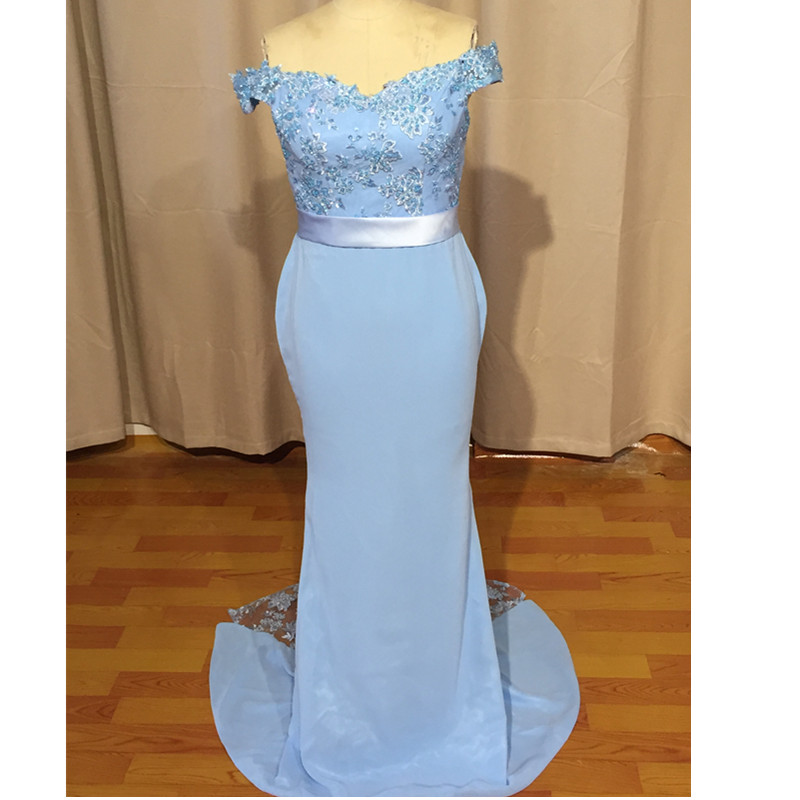 

Light Sky Blue Evening Dress Mermaid Off Shoulder Open Back Lace Bridesmaid Formal Party Gowns Modern Custom Made New Real Photo, Brown