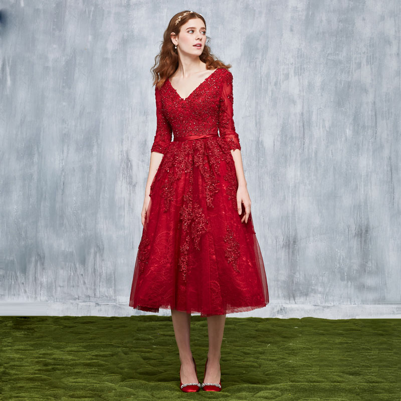 

Wine Red Prom Dresses Lace Ball Gown Wine Red Evening gowns V-Neck Three Quarter Sleeves Lace-up Back Evening Dress Custom Made Plus Size, Fuchsia