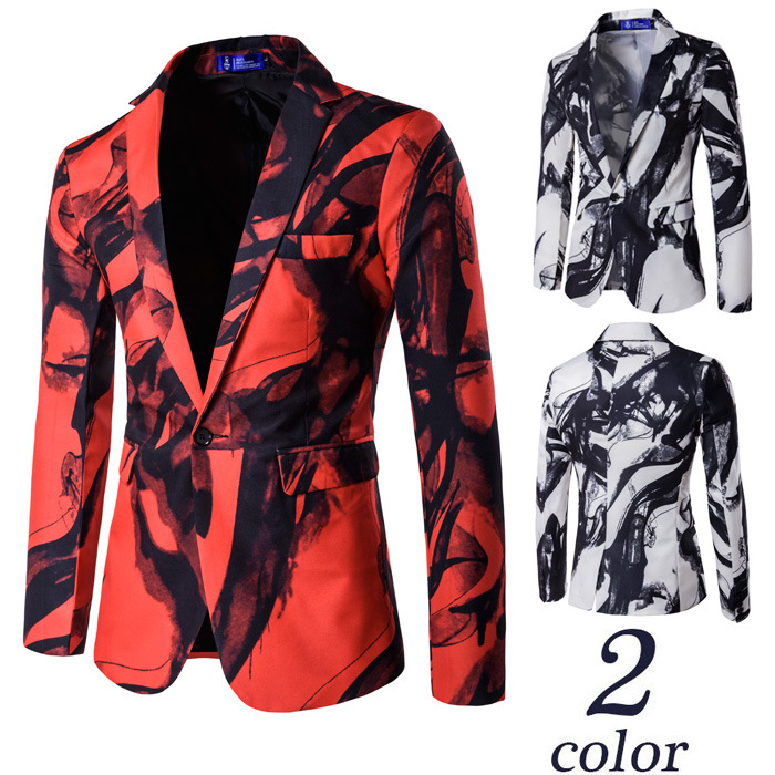 En gros livraison gratuite Mens Floral Blazer Simple Bouton D'encre D'impression Blazers Veste Fine Chinois Style Peinture À Encre Vintage Costum