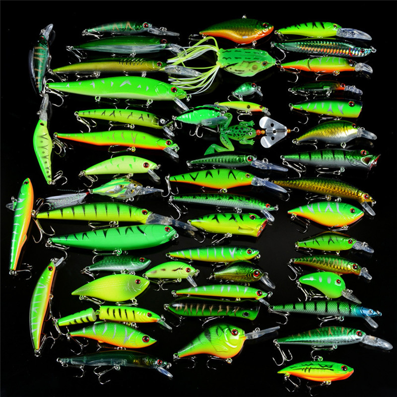 

50pc Green Painted Artificial bait set High Quanlity ABS Plastic Mix Minnow VIB Popper Rattlin Crank Pencil Ray frog Lures kit