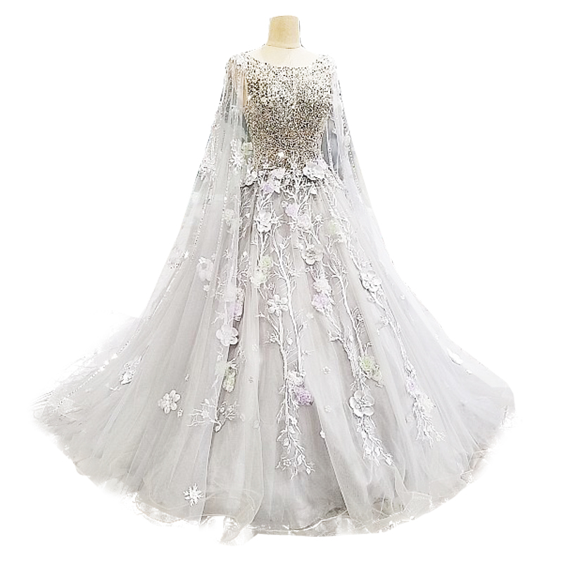 

Luxury 3D Appliques Royal Court Wedding Bridal Dress With Cape Beads Applique Sweep Train Wedding Gowns Crew Personalized Dresses, Gold