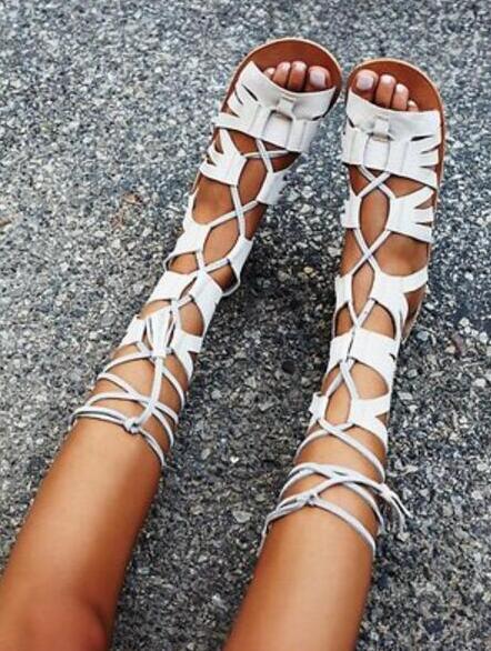 

2017 women tall gladiator boots flat Heels Style cuts out mid calf mujer Botas Shoes Women fretwork lace up bootie, Multi