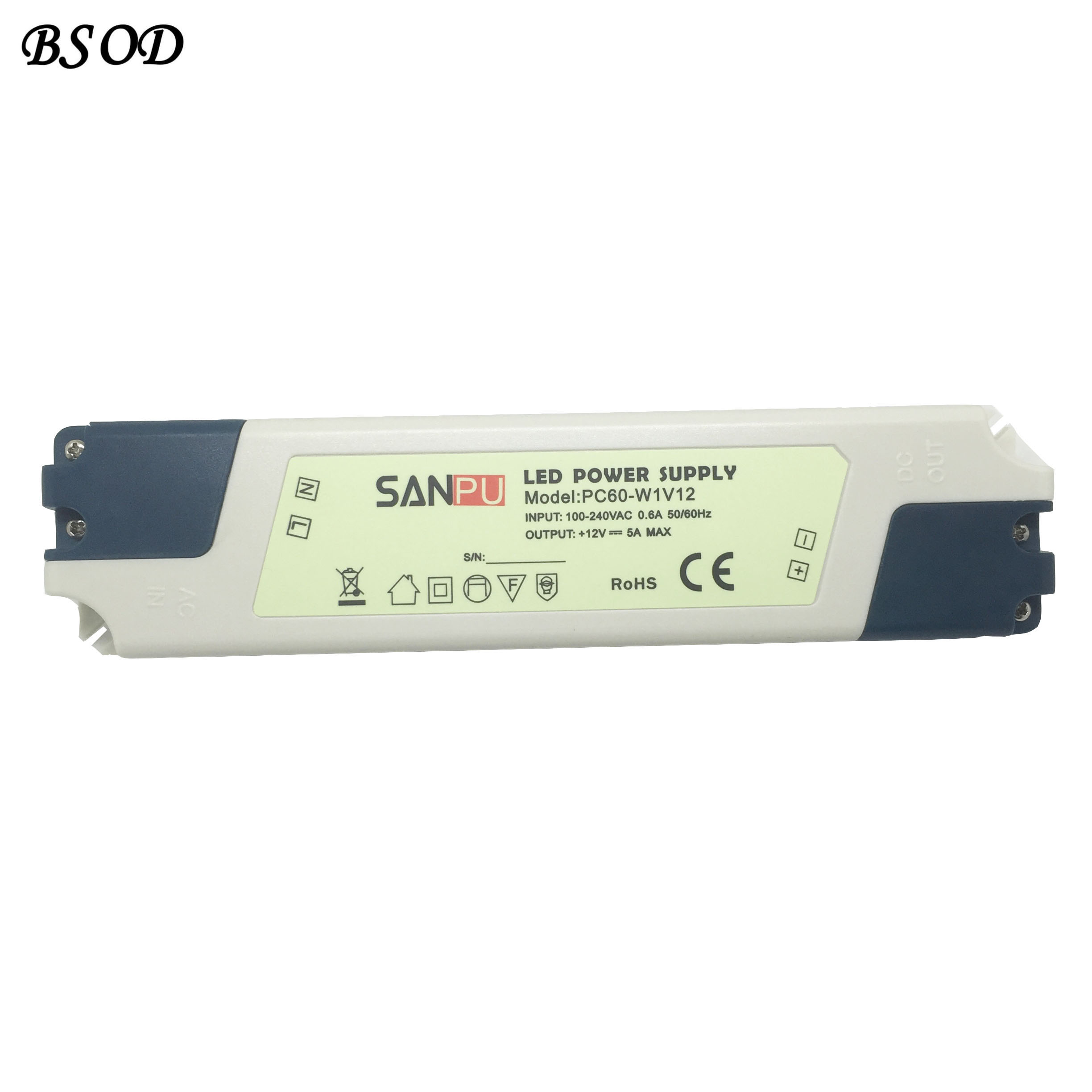 

SANPU PC60-W1V12 LED Power Supply 12V 60W Transformer Max 5A Driver White Plastic Shell IP44 for Indoor LEDs Lamps