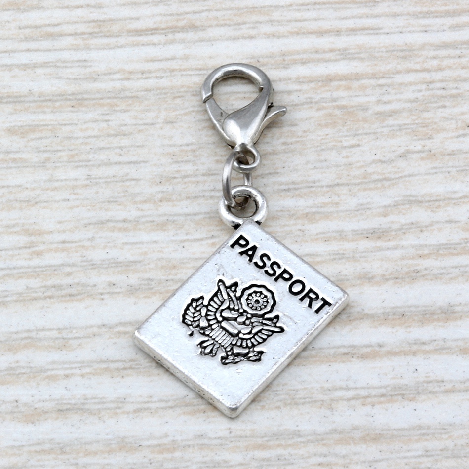 

MIC .100pcs/ lot Dangle Ancient silver Alloy Passport Charm With lobster clasp Fit Charm Bracelets DIY Jewelry 15x36mm A-111b
