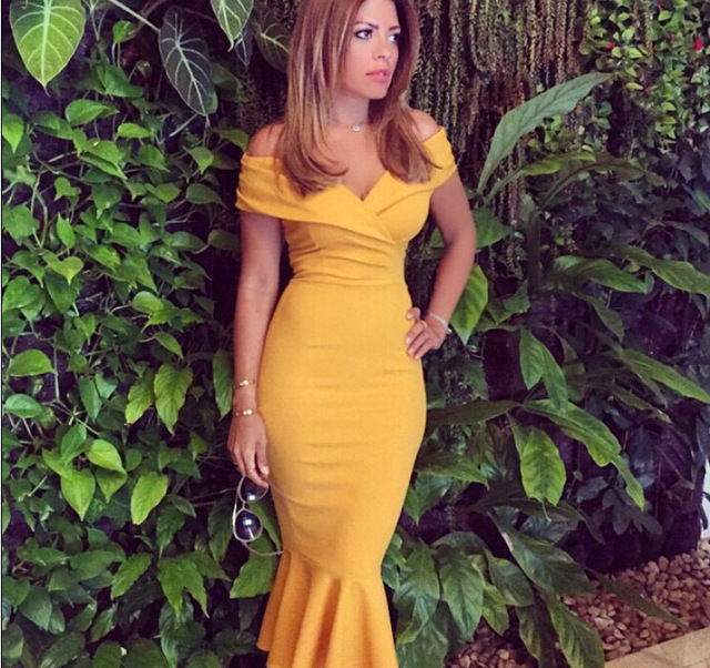 

Sexy Off Shoulder Mermaid Evening Dresses Ruffles Satin Tea Length Celebrity Dresses Mustard Yellow Evening Party Dresses Zipper Up, Light yellow
