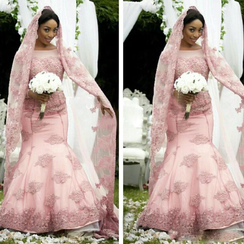 

2018 Hot South African Muslim Pink Wedding Dresses Mermaid Long Sleeve Sheer Jewel Neck Bridal Gown For Fall Winter Wedding Dress, Gold