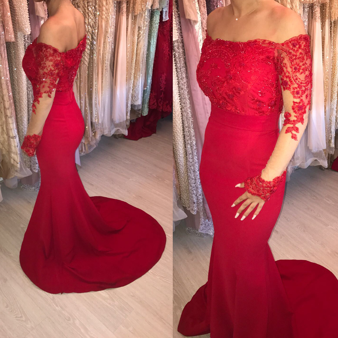 

Boat Neck Long Sleeve Red Evening Party Dresses Off the Shoulder Fashionable Evening Gowns Lace Appliques with Sequins Prom Gowns, Silver