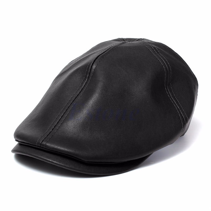 

Wholesale-Mens Ivy Cap Faux Leather Bunnet Newsboy Beret Cabbie Gatsby Flat Golf Hat, Coffee