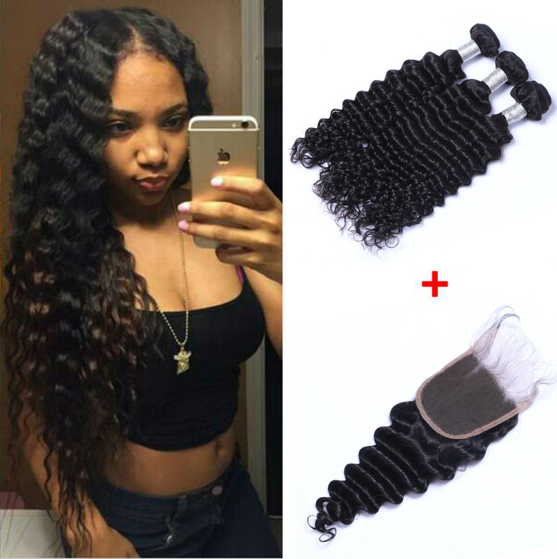 

Brazilian Deep Wave Human Virgin Hair Weaves With 4x4 Lace Closure Frontal Bleached Knots 100g/pc Natural Color Double Wefts Hair Extensions, Brazilian hair