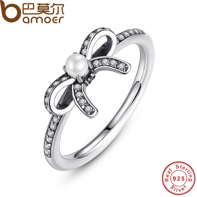 yizhan BAMOER 925 Sterling Silver Delicate Sentiments Finger Ring with White Pearl & Clear CZ Original Engagement Ring PA7160