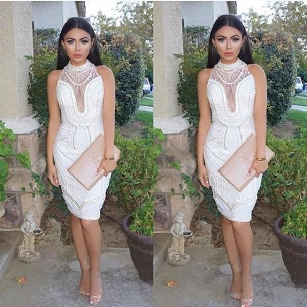 2017 Femmes Robes De Cocktail Col Haut Illusion Gaine Cristal Perles Robes De Bal Genou Longueur Robe De Soirée Plus La Taille Formelle Robes De