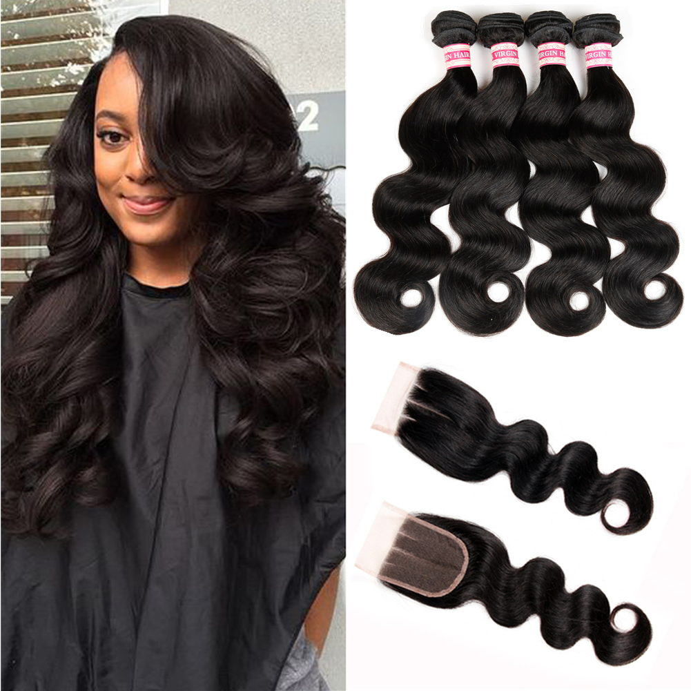 

HC Hair Unprocessed 4 Bundles Brazilian Body Wave With Lace Closure Brazillian Body Wave Hair Wefts Bundles With Closures HC Hair Product, Natural color