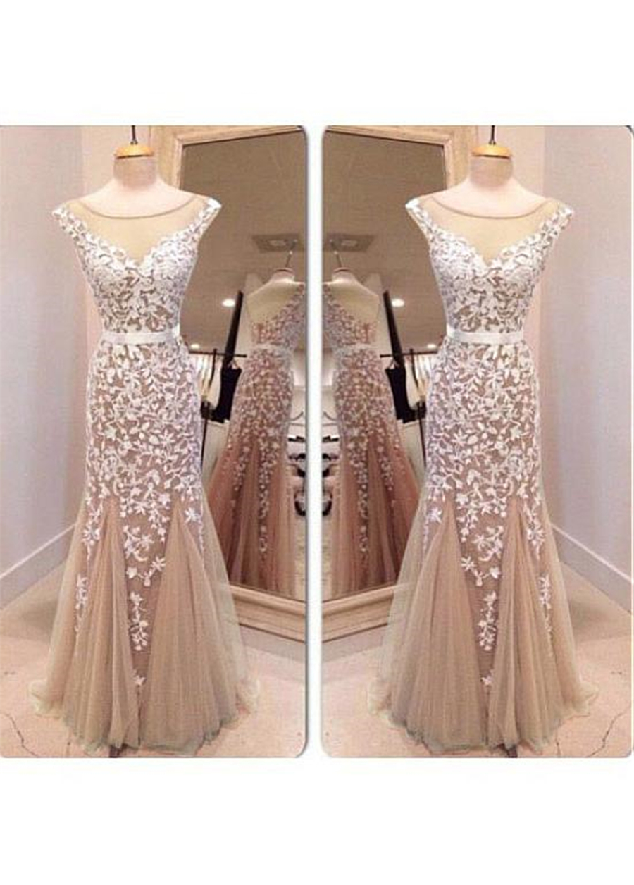 

Glamorous Tulle Scoop Neckline Mermaid Evening Dresses With Lace Appliques Champagne Open Back Prom Dress vestidos de fiesta gala, Lavender