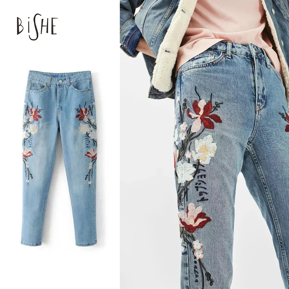 Wholesale- Mom flower embroidered jeans 2017 New Spring Straight Jeans Denim Casual Pants calcas jeans feminina bordadas