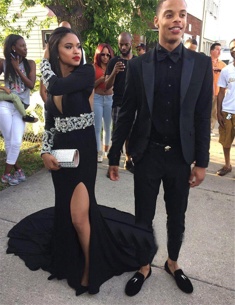 

Black Sexy Split Long-Sleeve Crystal V-Neck Prom Dress Spandex Beading Sash and Sleeves Evening Dress with Train vestidos largos de fiesta, Light sky blue