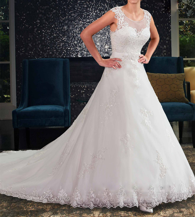 

Stunning Court Train Wedding Dresses A Line Long Bridal Gowns Scoop Sheer with Applique Detachable Sparkling Sash, White