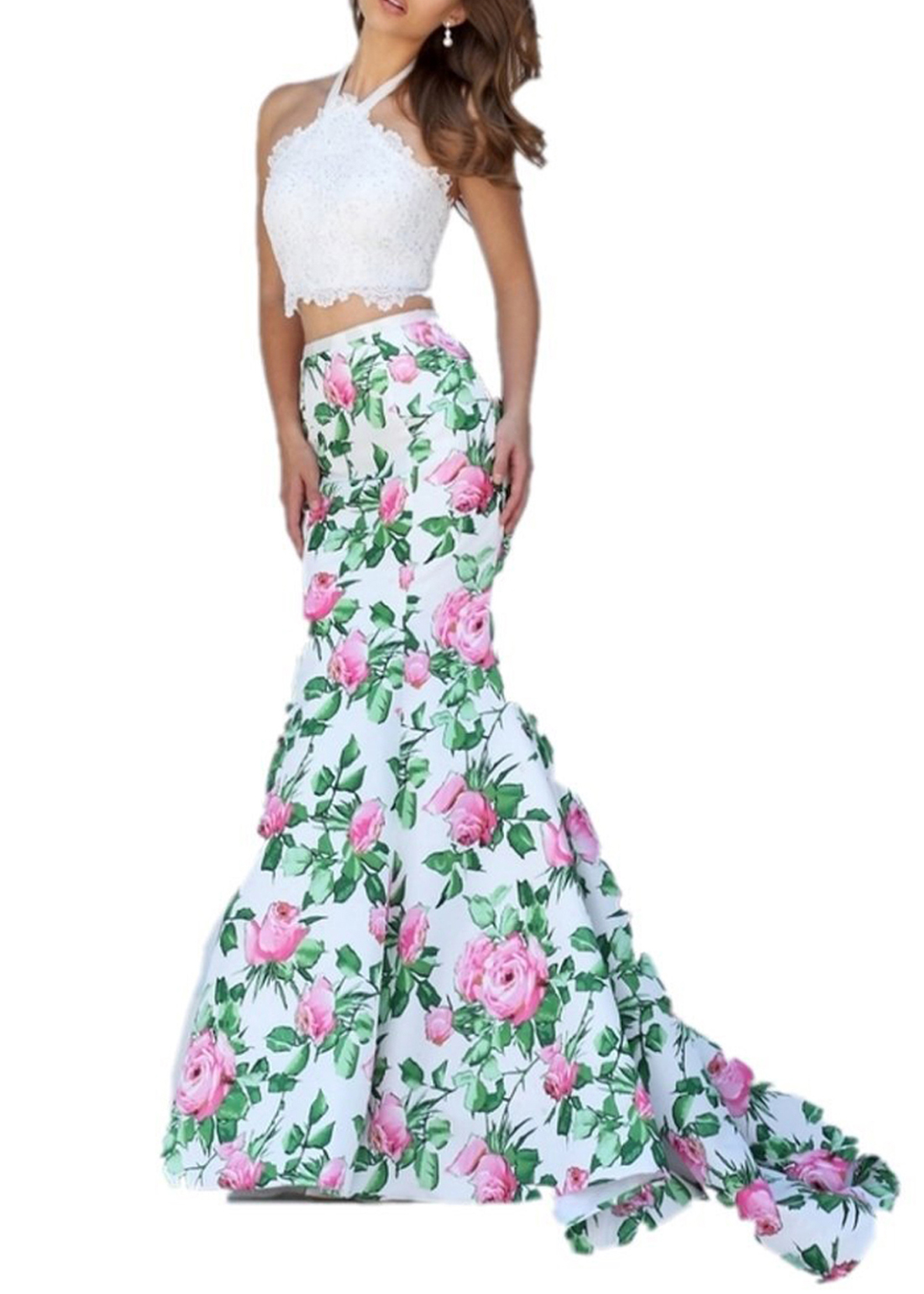 2019 Sexy Halter Neck Deux Pièces Femmes Robes De Bal Sans Manches En Dentelle Appliques Sirène Robe De Soirée Longue Fleurs Formelles Imprimer J