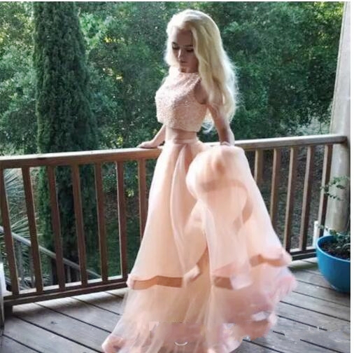 pink dream girl prom graduation dress with jewel zipper two piece tulle sleeveless cascading ruffles floor length sweet beach dresses