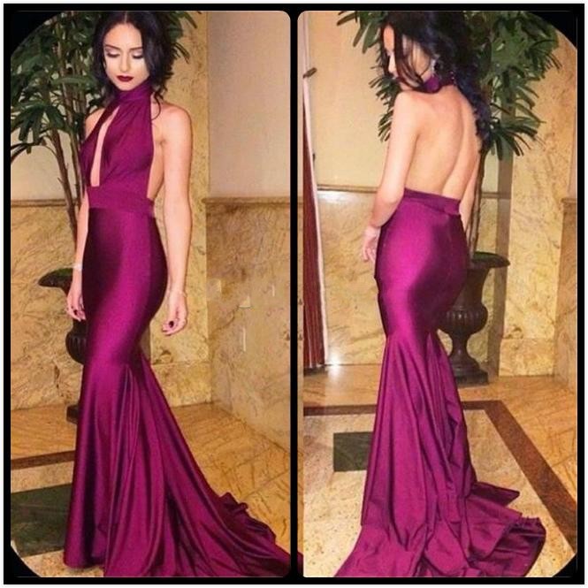 

2019 New Arrival Long Evening Dress Mermaid halter Gowns Elegant Sexy High Neck Backless Party Dresses, Purple