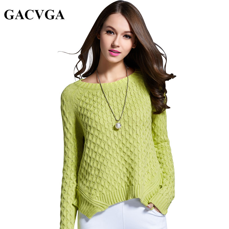 

Wholesale- GACVGA Brand Pullover Women Sweaters And Pullovers Pull Femme Irregular Hem Trendy Knitted Short Solid Sweater Jumper, Green