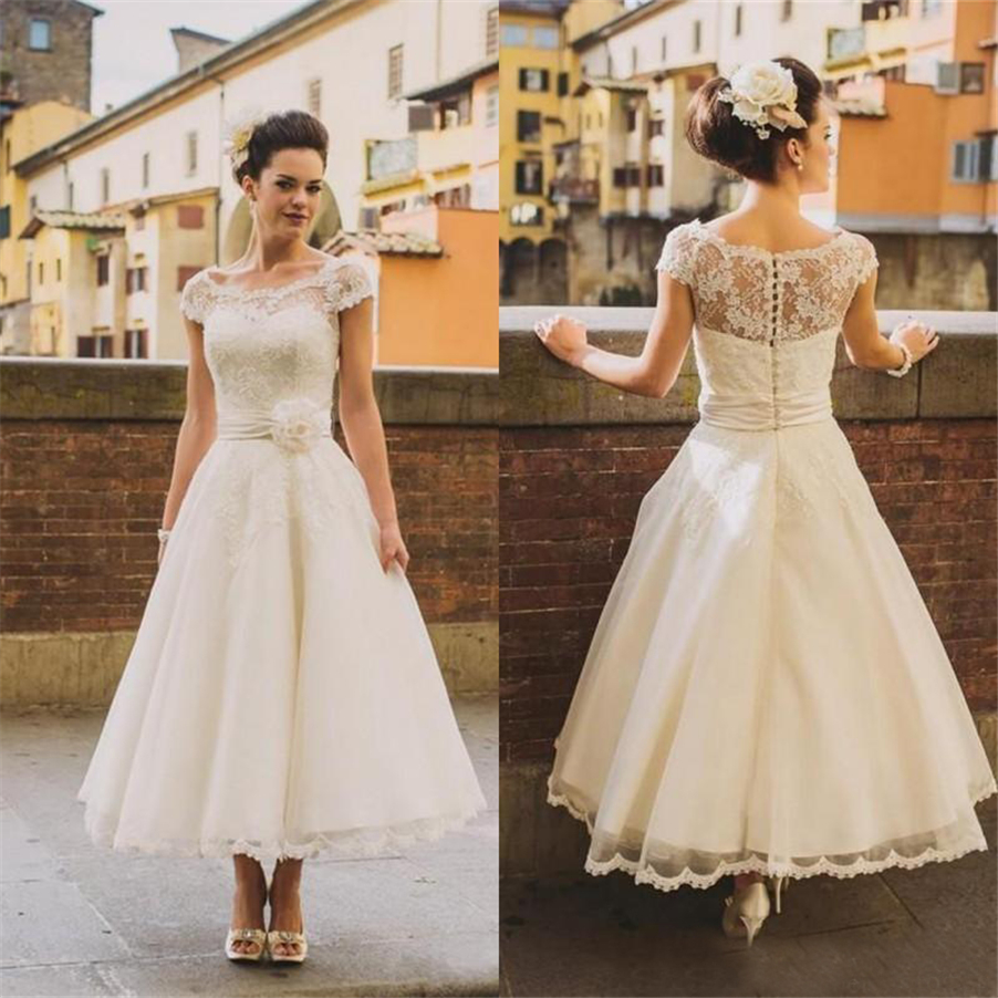 

Cap Sleeve Jewel Neck Flower Belt A Line Lace Short Bridal Gowns Vintage Ankle Length Wedding Dresses Custom Made, Pink