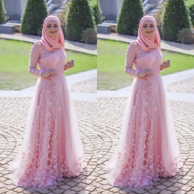 

2017 Muslim Pink Tulle Long Sleeve Evening Dresses Modest Appliques Long Formal Dresses Party Evening Gowns Custom Made EN102813, Orange