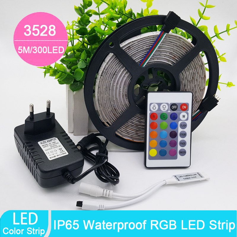 

2017 New Arrival 5m RGB led strip SMD 3528 Waterproof 300 Led Strip Light + 24 Keys IR Remote+12V 2A power supply free shipping