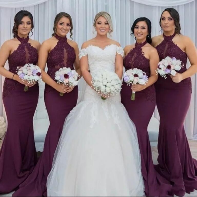 2020 New African Cheap Burgundy Mermaid Bridesmaid Dresses Illusion Halter Neck Lace Appliques Beaded Plus Size Maid Of Honor Party Gowns