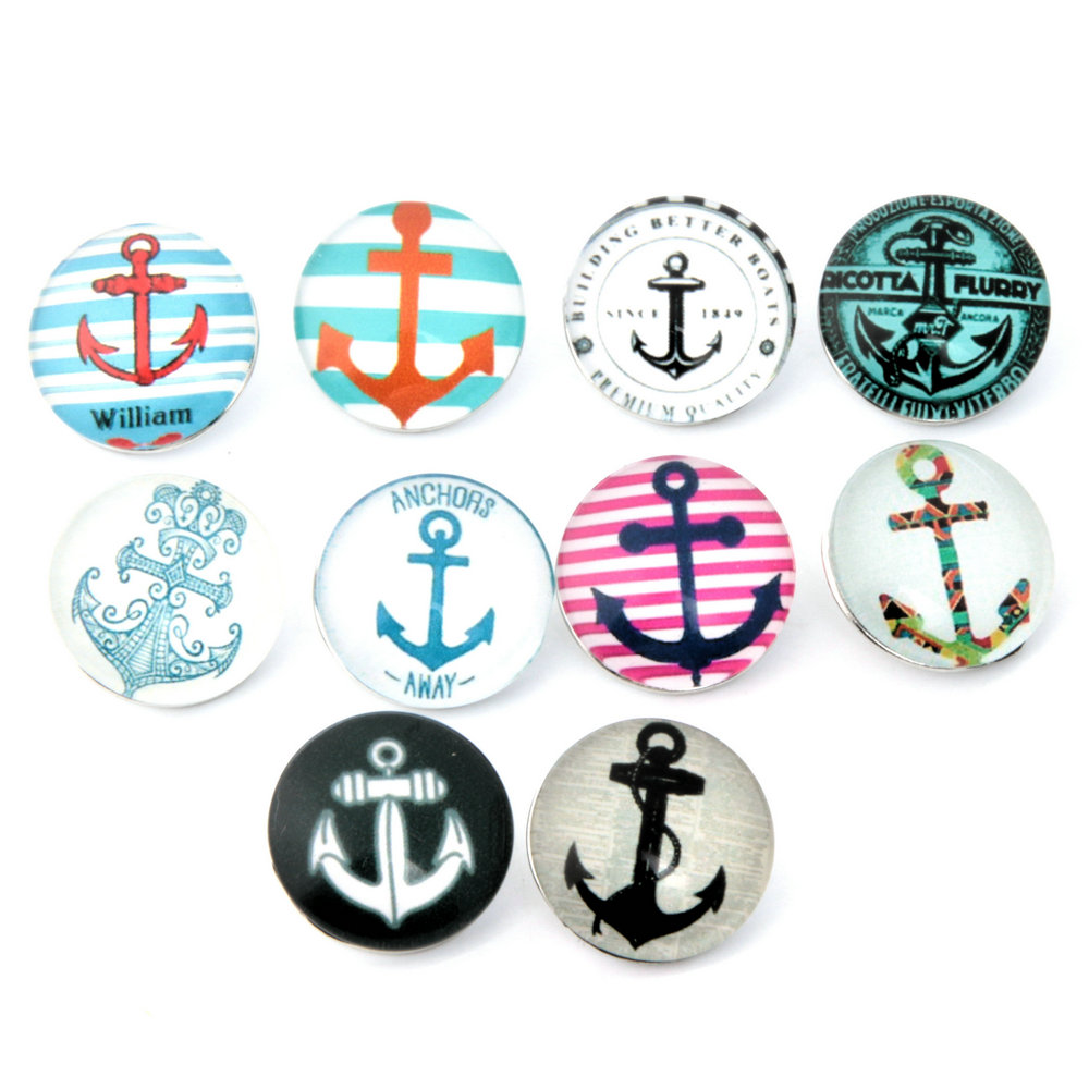 

Wholesale-10pcs/lot Anchors Snap Buttons 18MM Glass Snap Button Fit Ginger Snap Button Bracelets Fit Armband Bracelets Necklace NA12-055