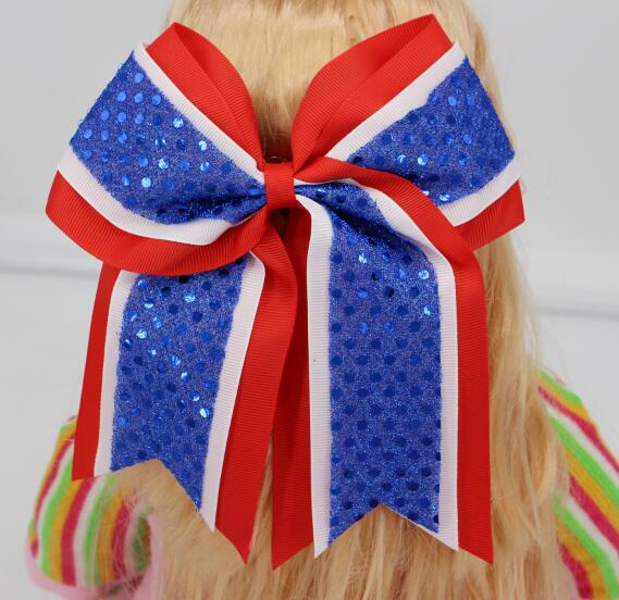 

Free Shipping 30 Pcs/lot Kids 8" Cheer Bows,Baby Three Layers Cheerleading Bow,Girl Elastic Band With Ponytail,Sequin Hairbows, Colors 2