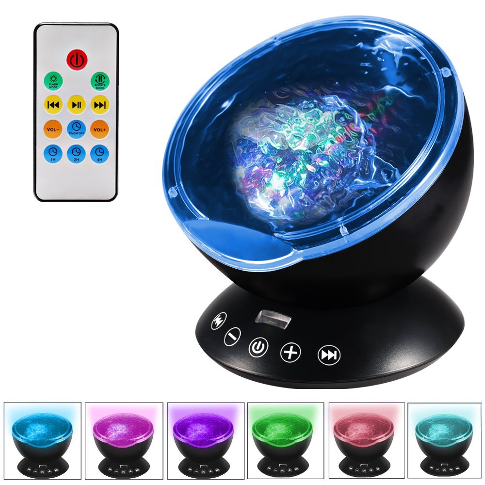 

Newest Design] Remote Control Ocean Wave Projector 12 LED &7 Colors Night Light with Built-in Mini Music Player for Living Room Bedroom
