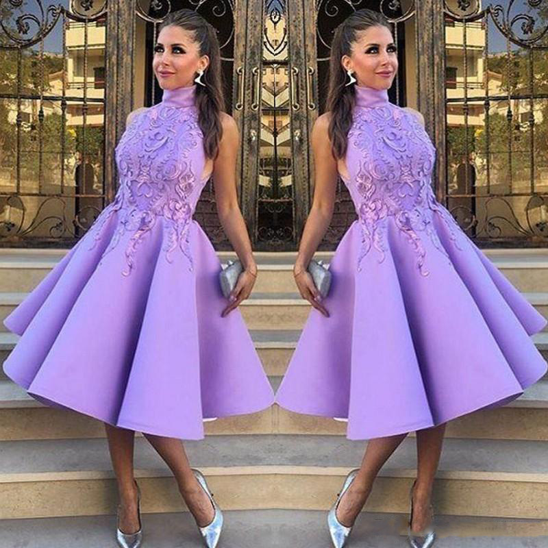 

Celebrity High Neck Prom Dresses 2017 Short A-Line Tea-Length Fashion Party Dress With Applique Teen Girl Evening Gowns Cocktail Dresses, Water melon