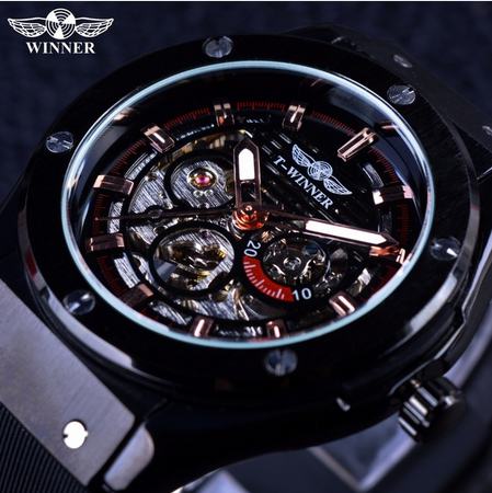 

Winner Fashion Sport Design Stainless Steel Case Mens Watches Top Brand Luxury Silicone Watch Rubber Automatic Male Wrist Watch, Gold