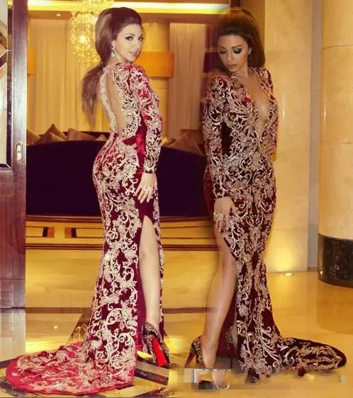 

2017 Sexy Myriam Fares High Split Evening Dresses Burgundy Mermaid Plunging V Neck Lace Applique Long Sleeves Arabic Celebrity Party Gowns, Grape