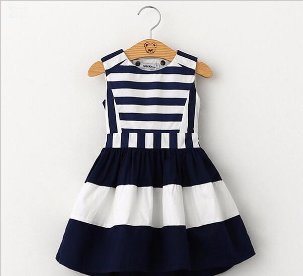 2017 doux nouveaux enfants mode enfants vêtements de style coréen sans manches robe d'été filles rayé marine vent fronde gilet robe G157