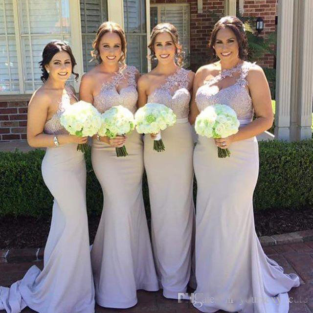 

New Mermaid Bridesmaid Dresses 2021 Elegant One Shoulder Appliques Lace Satin Backless Long Cheap Evening Dresses Wedding Guest Dresses, White;pink