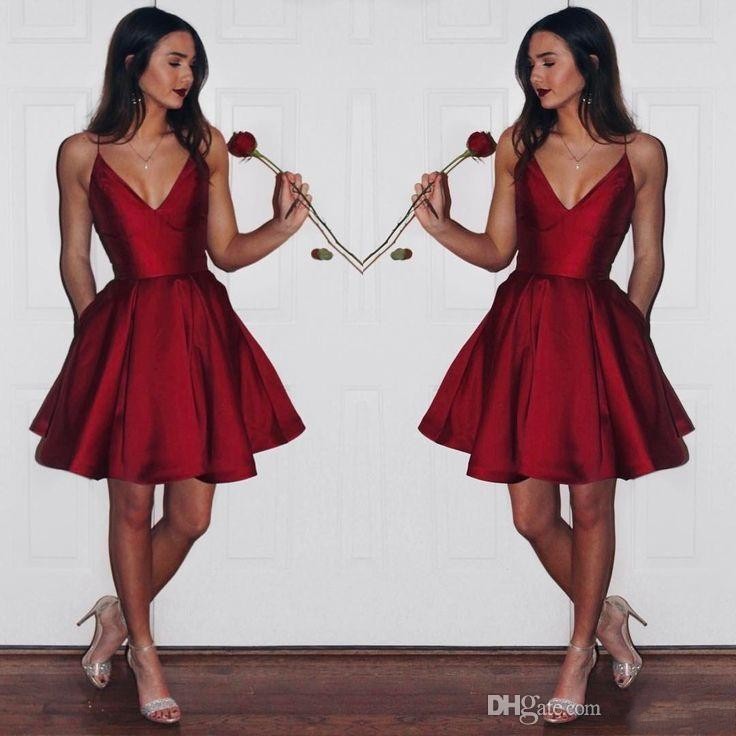 

Simple Cheap Dark Red Homecoming Dresses 2017 Spaghetti Straps Short Prom Dress Satin Mini Graduation Dress Party Gown, Chocolate