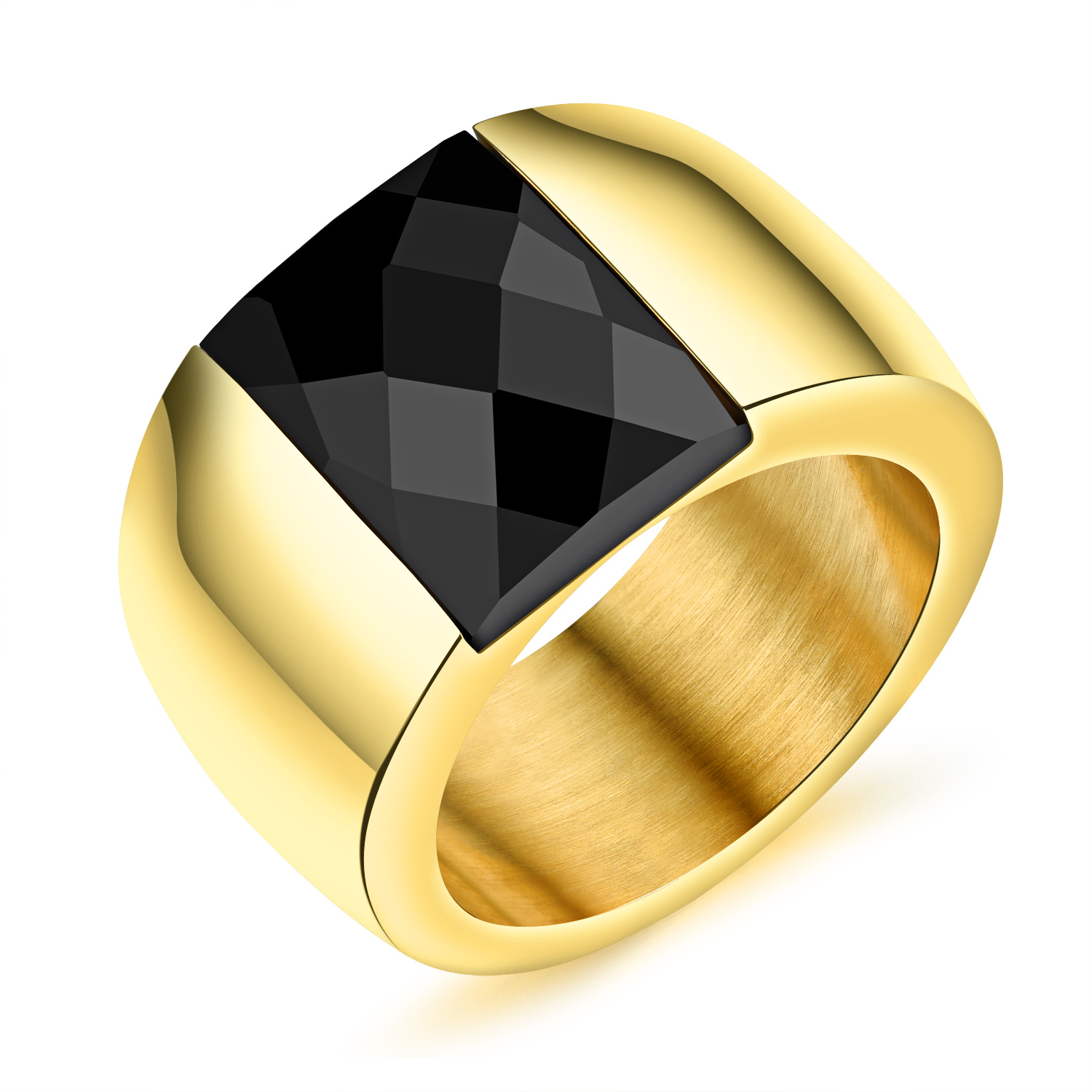 Fashion Stainless Steel Vintage Square Black Agate Signet Rings for Men, Gold and Silver Color, 14mm Width, US Size#7-11