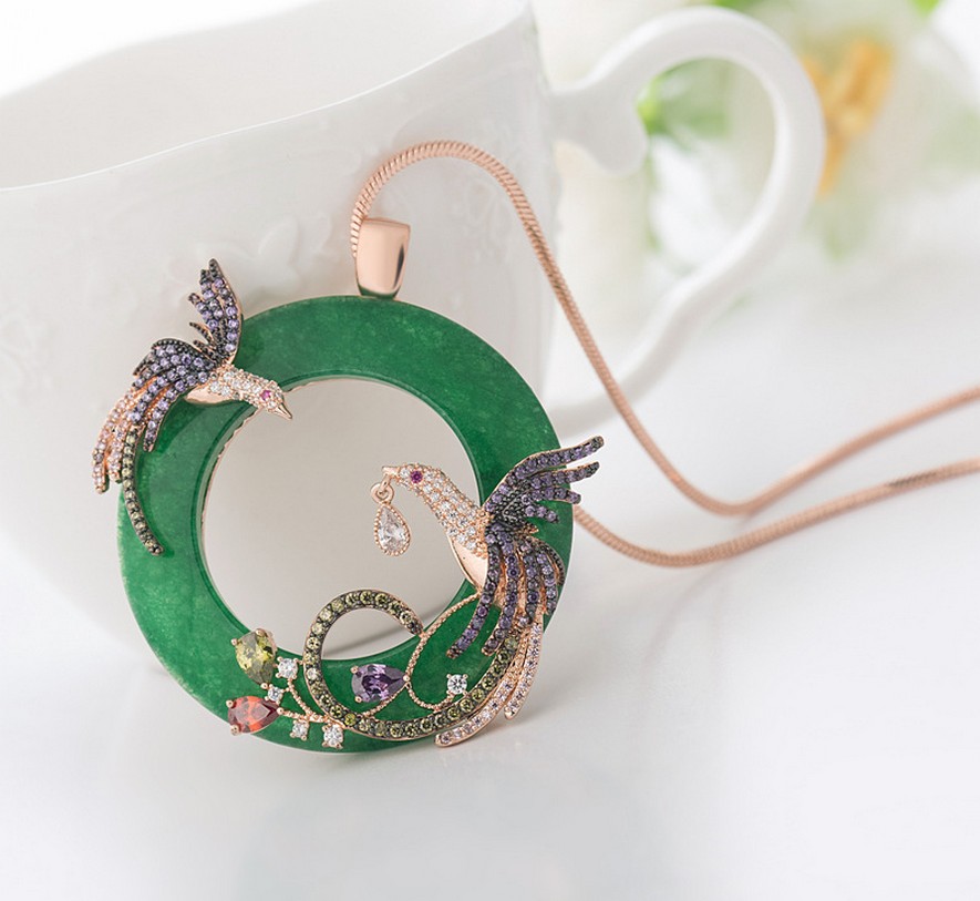 

18K Silver Gold Chain Women Wedding Jewelry Round Faux Jade Double Full Shining Rhinestone Phoenix Birds Pendant Necklace TM