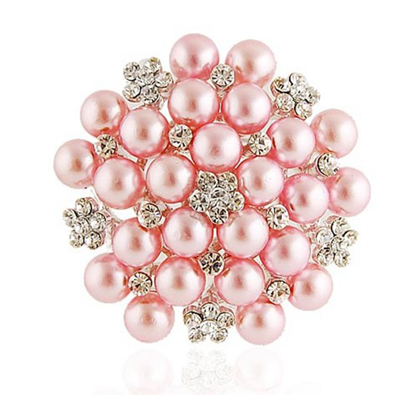 

2 Inch Silver Tone Pink Pearl and Rhinestone Crystal Brooch, Gray