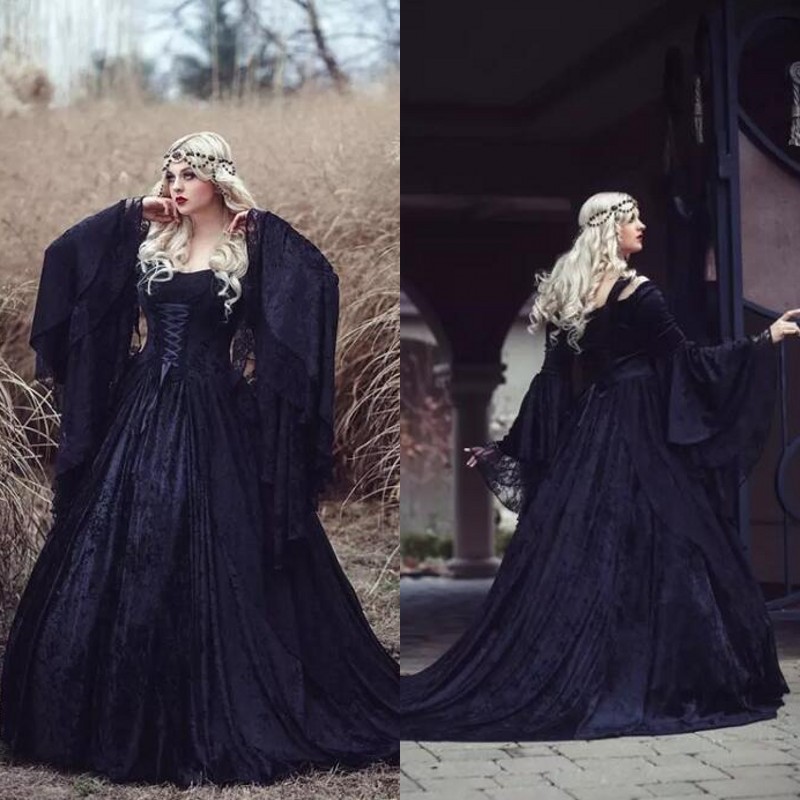 

Retro 2018 Black Gothic Wedding Dresses Off The Shoulder A Line Bell Long Sleeves Full Lace Medieval Corset Bridal Gowns, Same as image