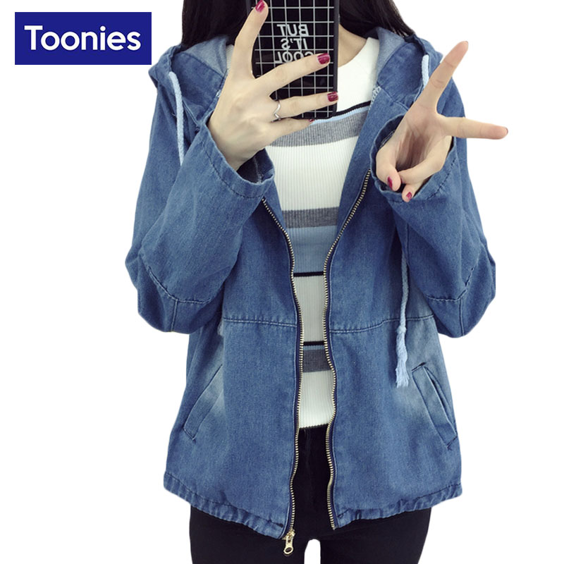 

Wholesale- 2017 New Fashion Jaqueta Jeans Feminina Hooded Denim Jacket Women Coat Zipper Veste Jeans Femme Back Pocket Chaquetas Mujer, Light blue