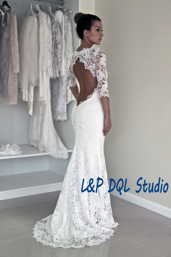

Lace Mermaid Wedding Dresses Garden Style Scoop Half Sleeves Open Back Sweep train Bridal Gowns Cheap, Champagne