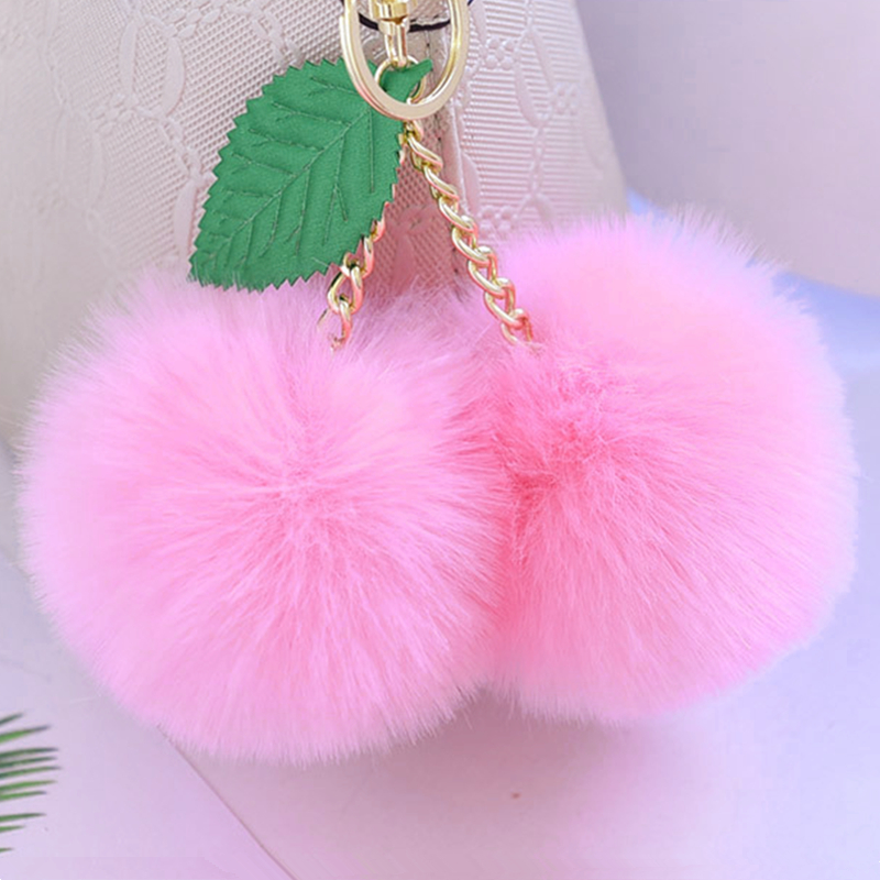 

2 pcs Cute Faux Rabbit Fur Ball Pompom Cherry Keychain Fluffy Pompon Key Chain Holder Pom Pom Toy Keyring Bag Charms Car Trinket