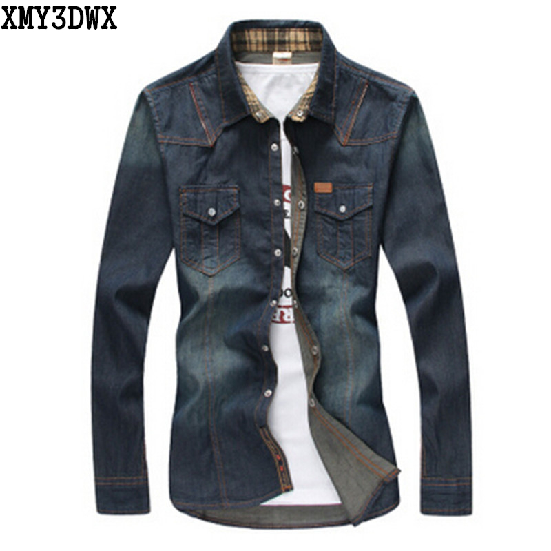 Wholesale- 2016 New Cotton Brand High Quality Long Sleeve Casual Shirt Slim Denim Shirts Men Solid Color Jeans Shirts Dress Shirt