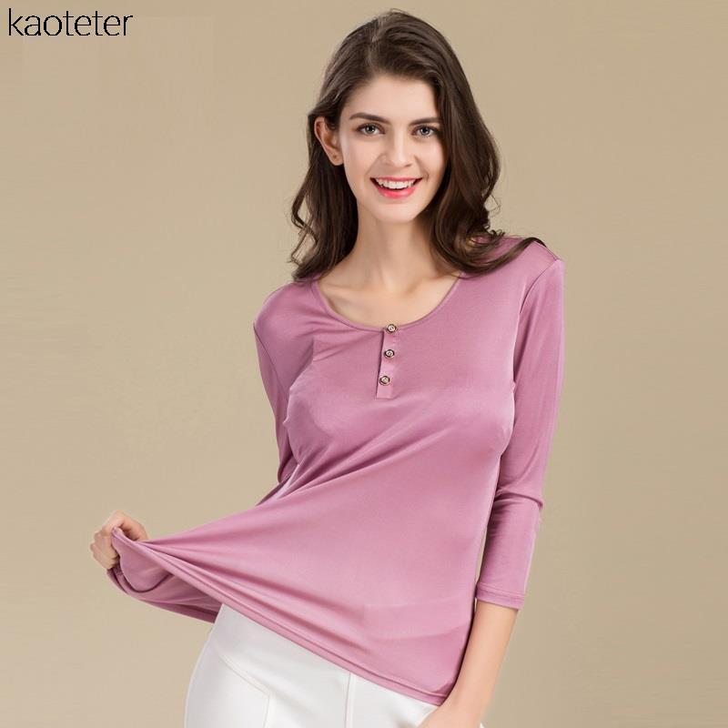 Women's T Shirts Wholesale- Pure Silk 2022 Autumn Basic Women 3/4 Sleeve Loose Casual Tees Shirt Tops Candy Color Female Plus Size T-shirt
