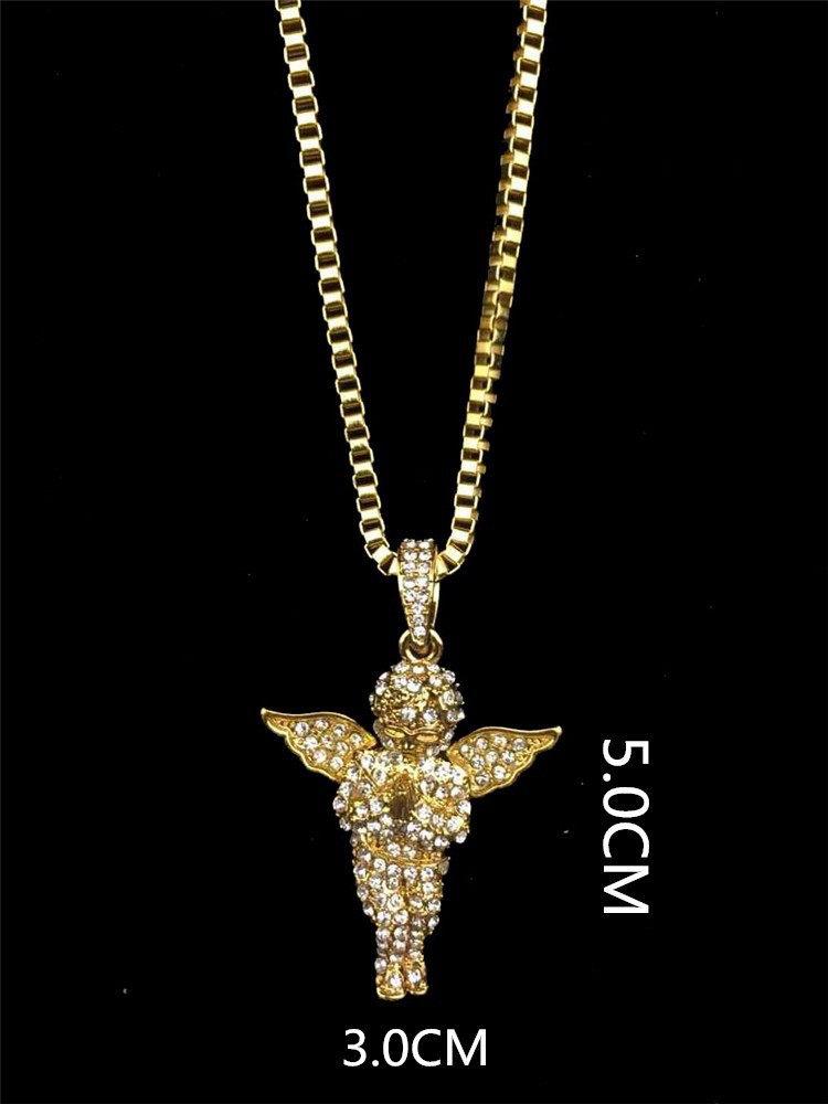 Vintage Herren-Engelsflügel-Anhängerkette, 14 Karat vergoldet, Iced Out-Anhänger-Halskette, 24 Zoll langes Seil, Chian-Box-Kette D260624