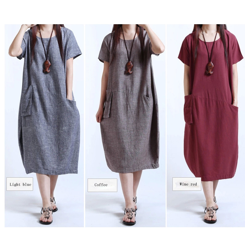 

Wholesale Women Dresses Casual Women Cotton Linen Short Sleeve Long Loose Maxi Dress Sundress Clothes, Light blue