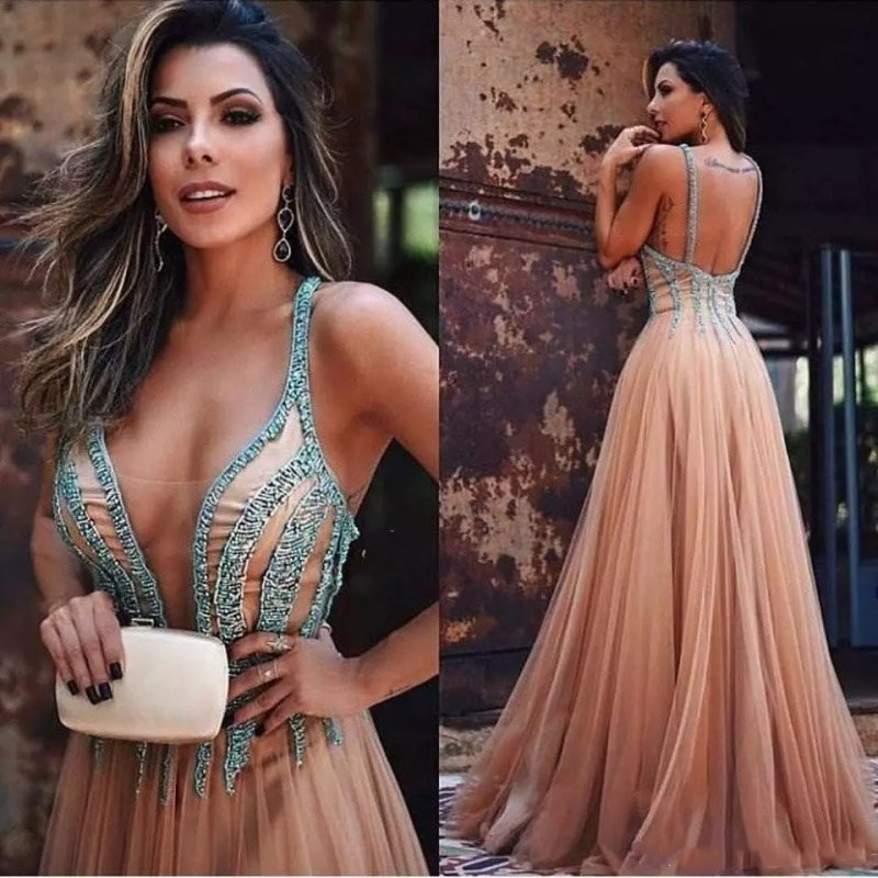 

Champagne Tulle Africa Prom Dresses V Neck Beaded Sexy Back A Line Girls Arabic Party Evening Dress Formal Cocktail Dresses Wear Plus Size, Green